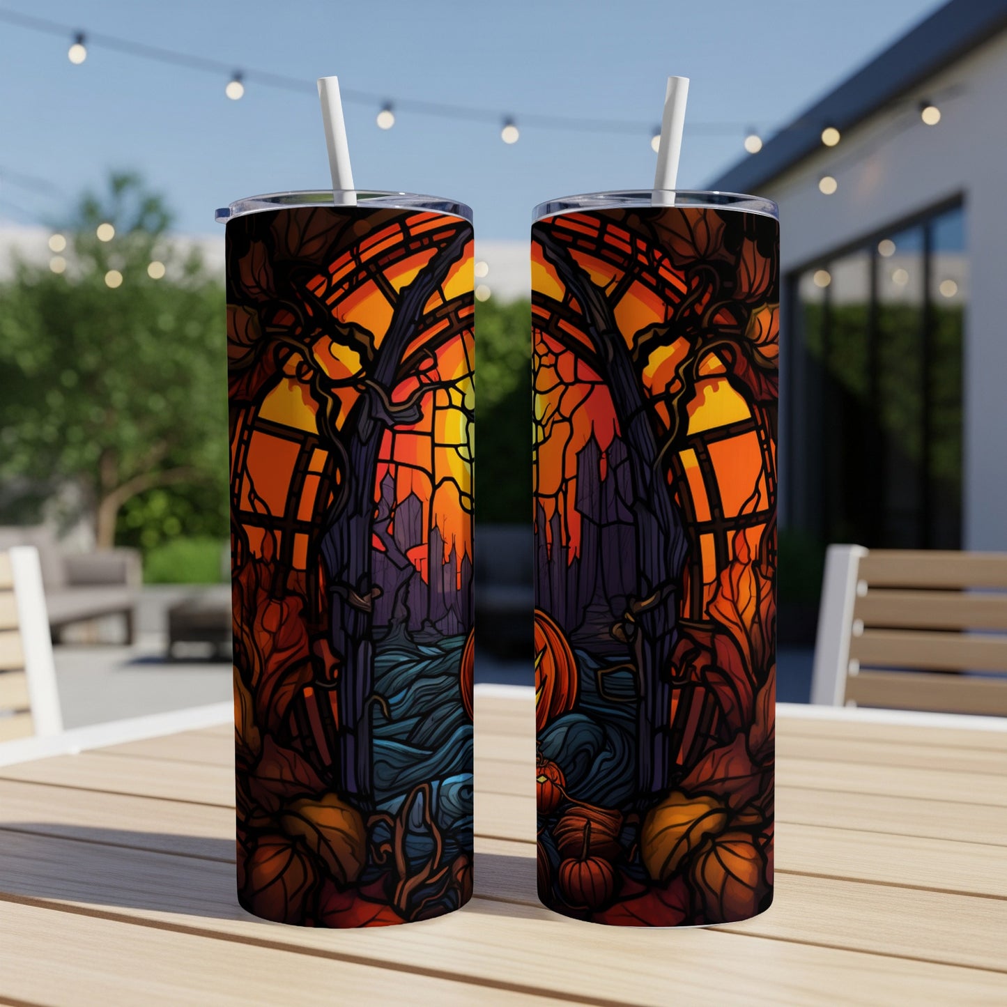 Two tumblers with a dark Halloween scene featuring pumpkins and stained glass.