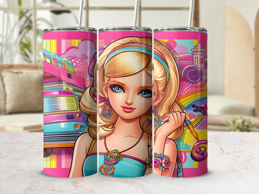 Three pink tumblers with Barbie artwork and colorful cartoon backgrounds.