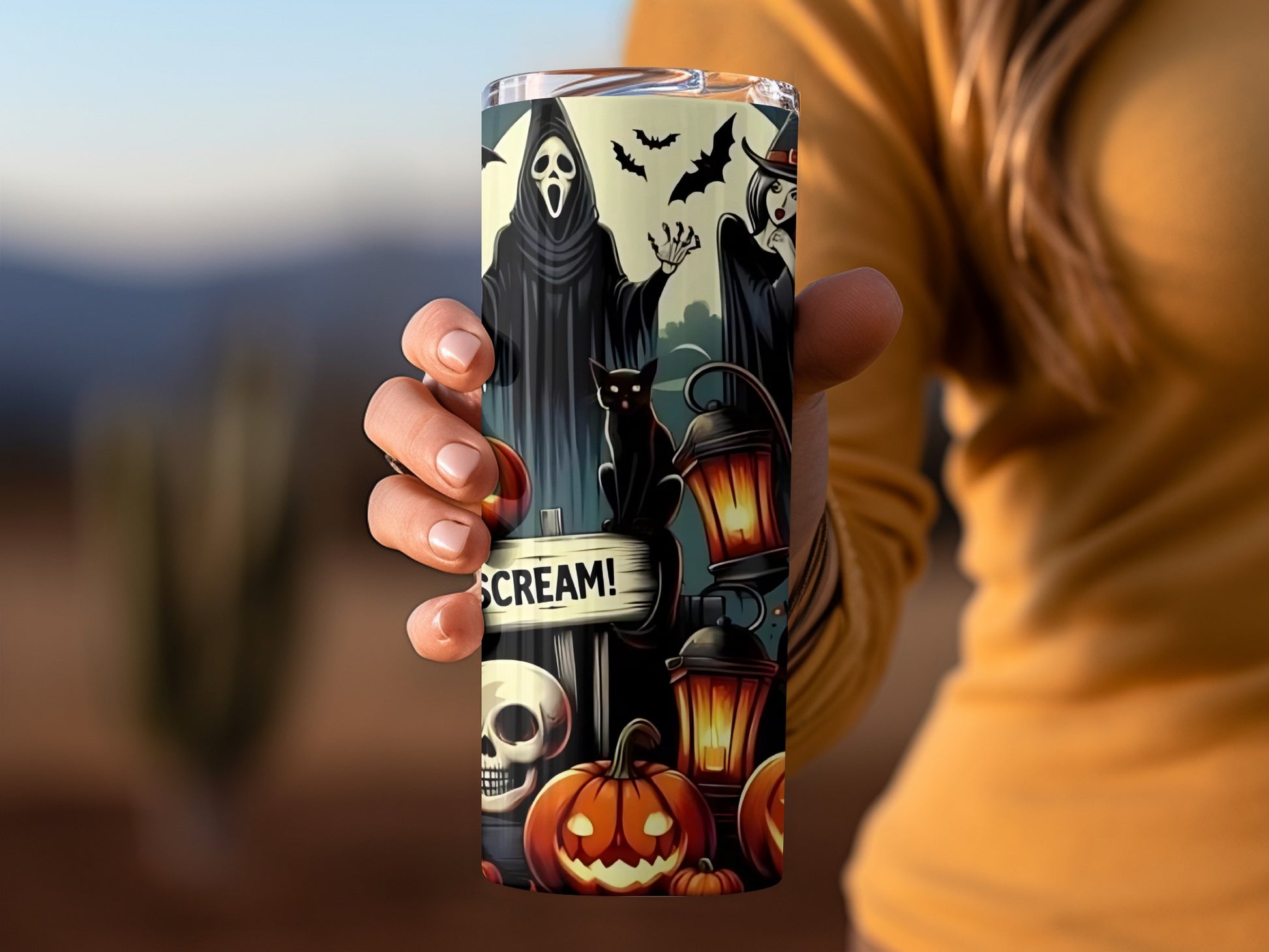 Halloween Scream Ghost and Pumpkins Tumbler Cup