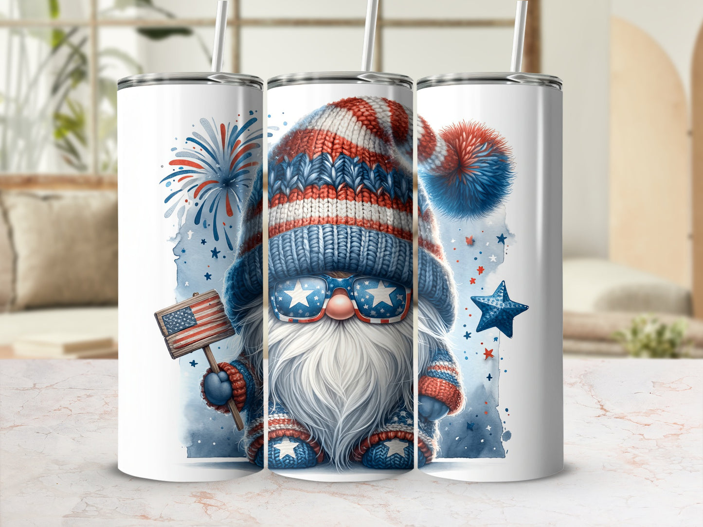Fourth of July gnome with flag and fireworks, wearing striped hat and star-spangled glasses.