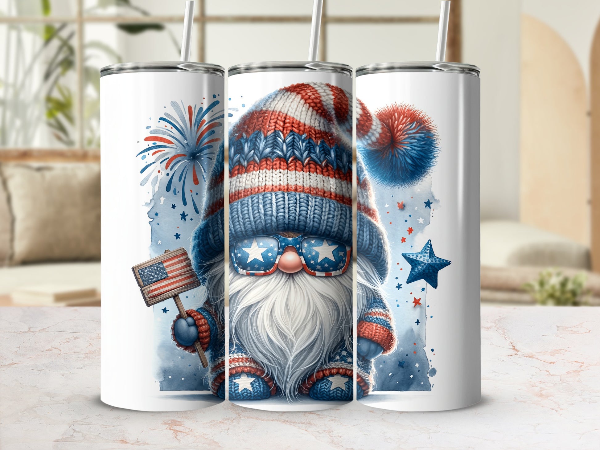 Fourth of July gnome with flag and fireworks, wearing striped hat and star-spangled glasses.