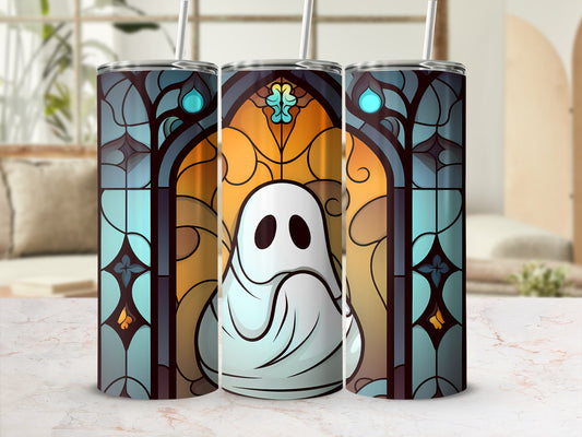 Three tumblers featuring a cartoon ghost against a stained-glass window design.