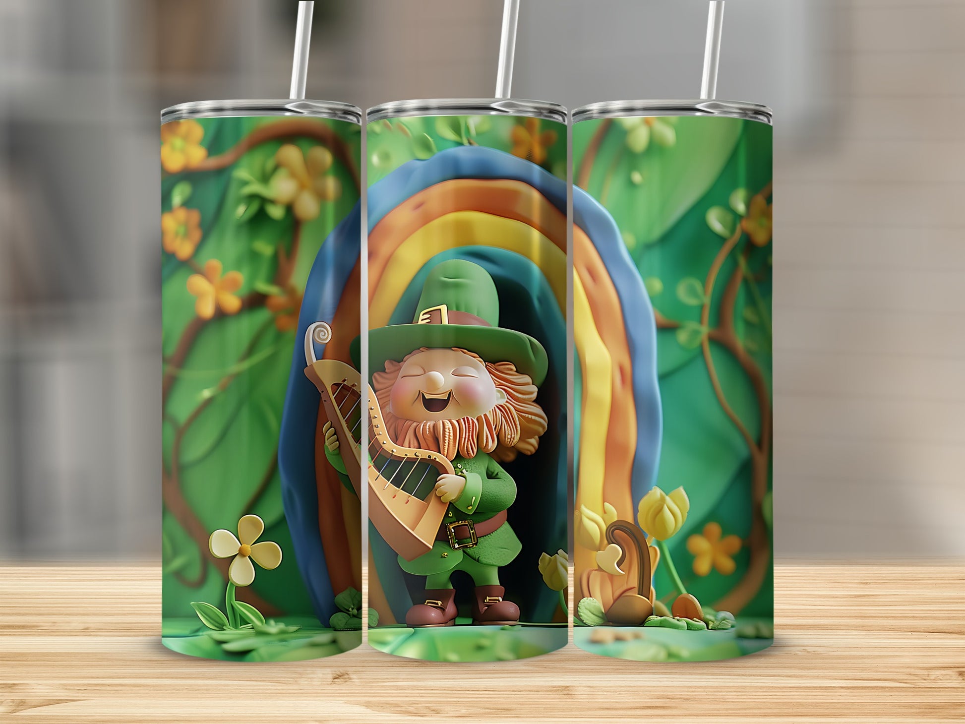 Leprechaun playing a harp under a rainbow on a St. Patrick's Day tumbler.