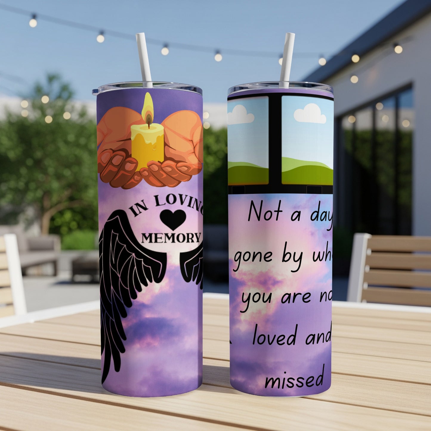 Two tumblers with memorial designs: one with hands holding a candle and angel wings, the other with text.