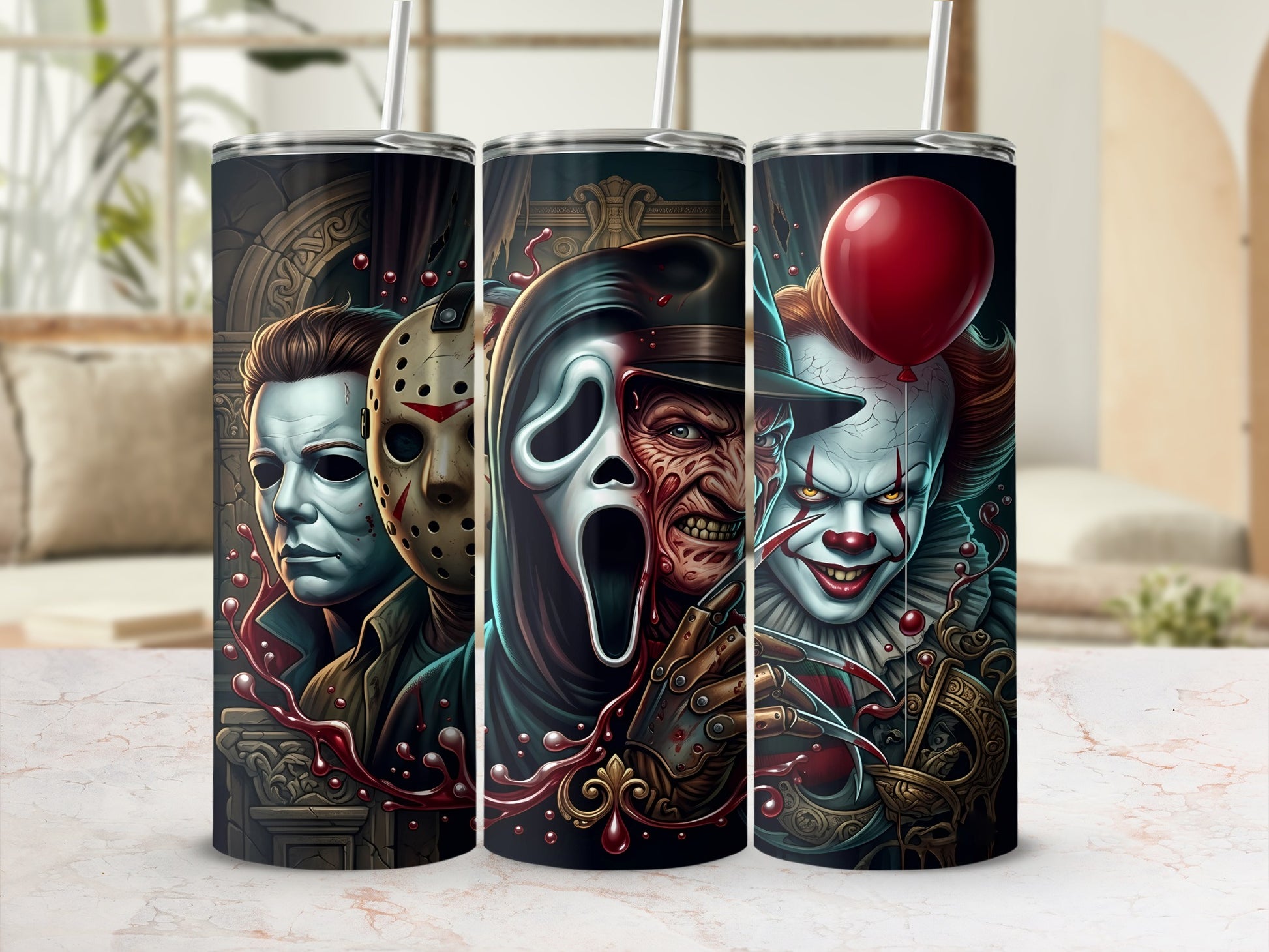 Tumbler featuring horror icons: Michael Myers, Scream, Freddy Krueger, and Pennywise.