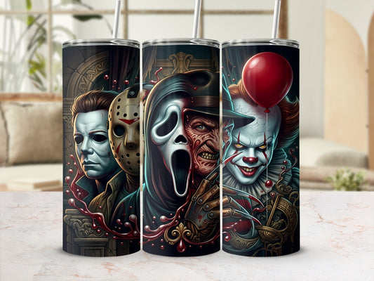 Tumbler featuring horror icons: Michael Myers, Scream, Freddy Krueger, and Pennywise.