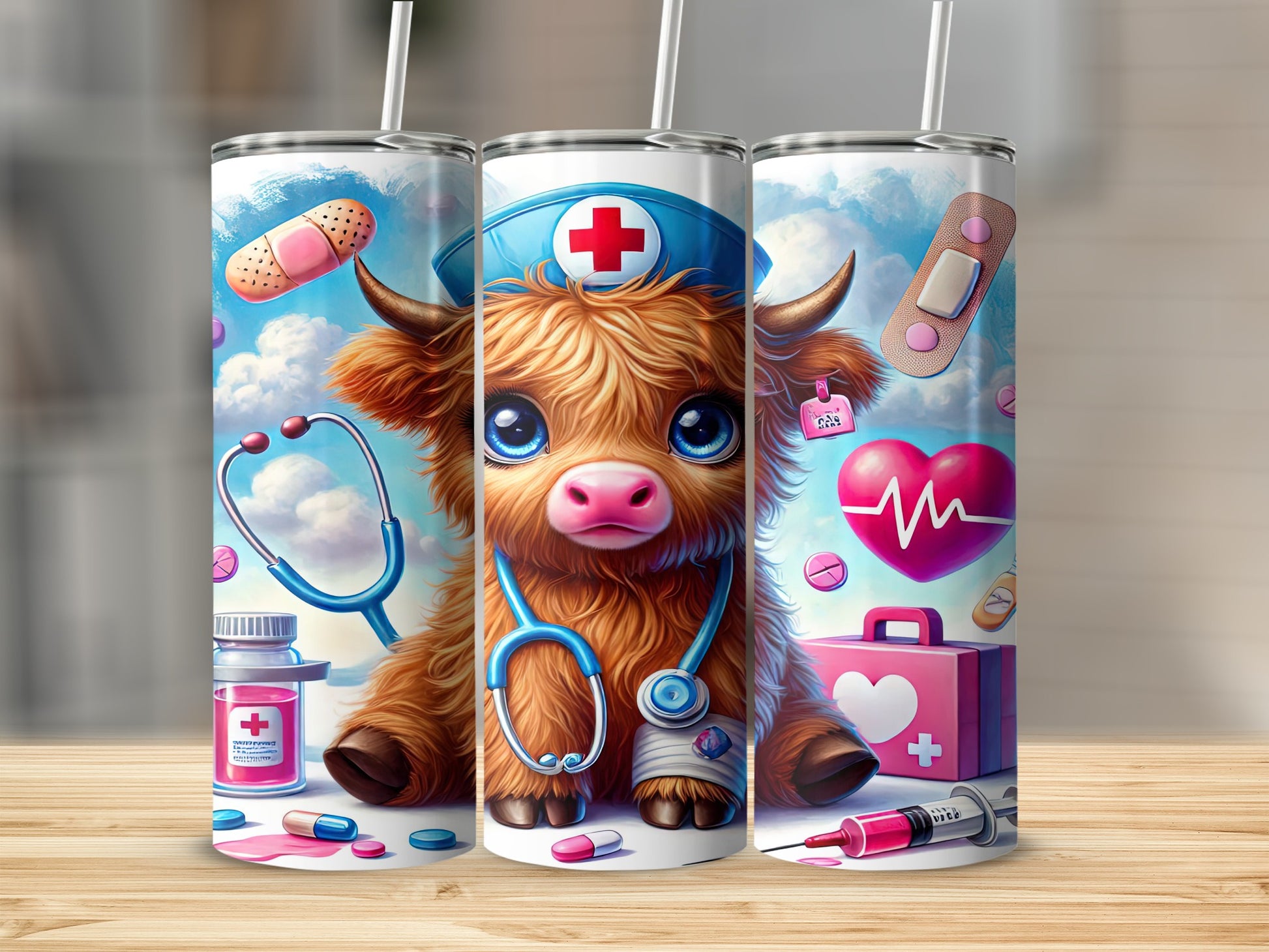 Adorable Nurse Themed Cow Print Tumbler with Medical Designs