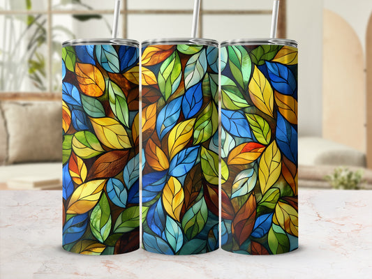 Three tumblers with stained glass leaf pattern.