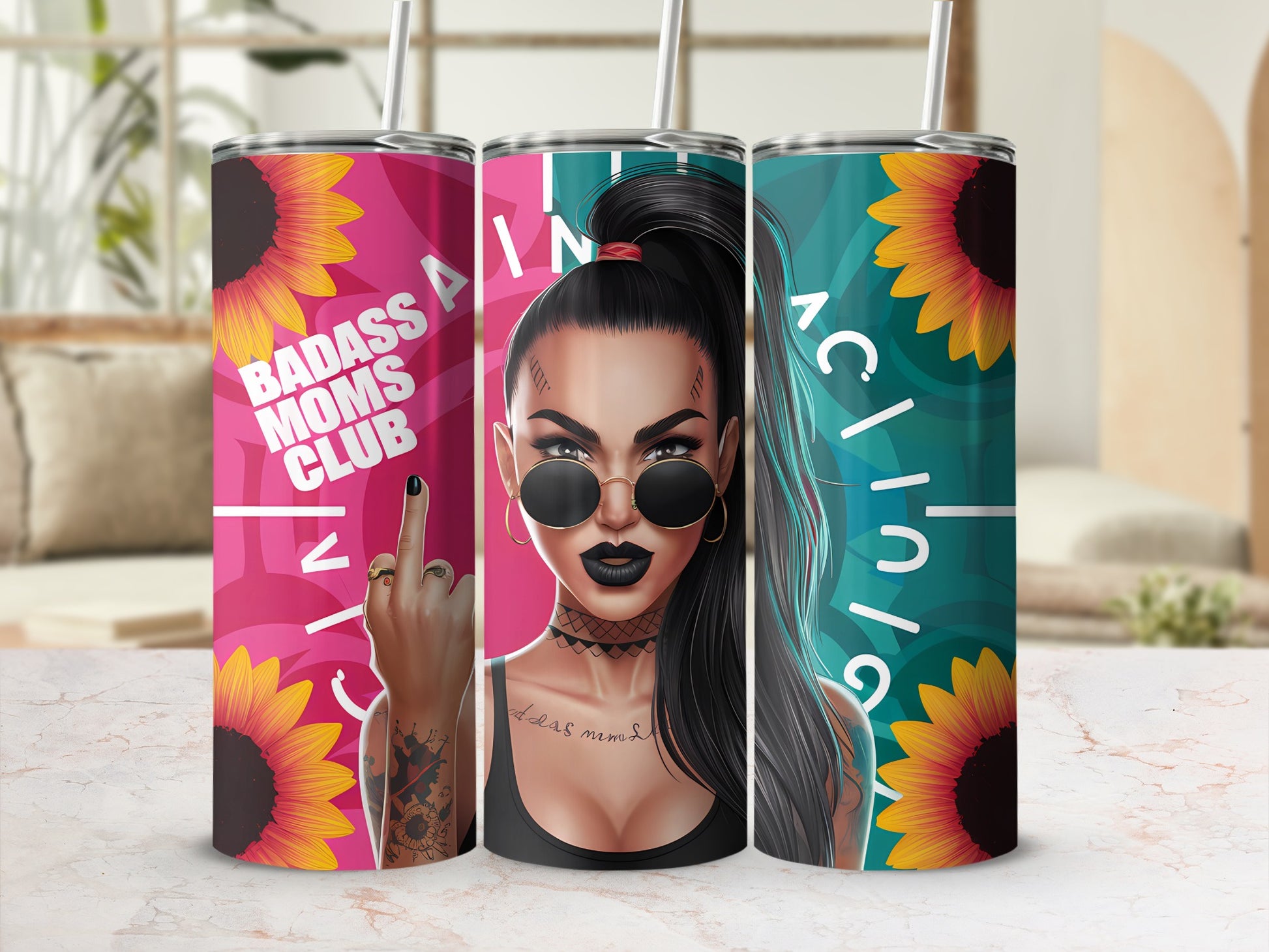 Tumbler featuring a woman with sunglasses and sunflower graphics.