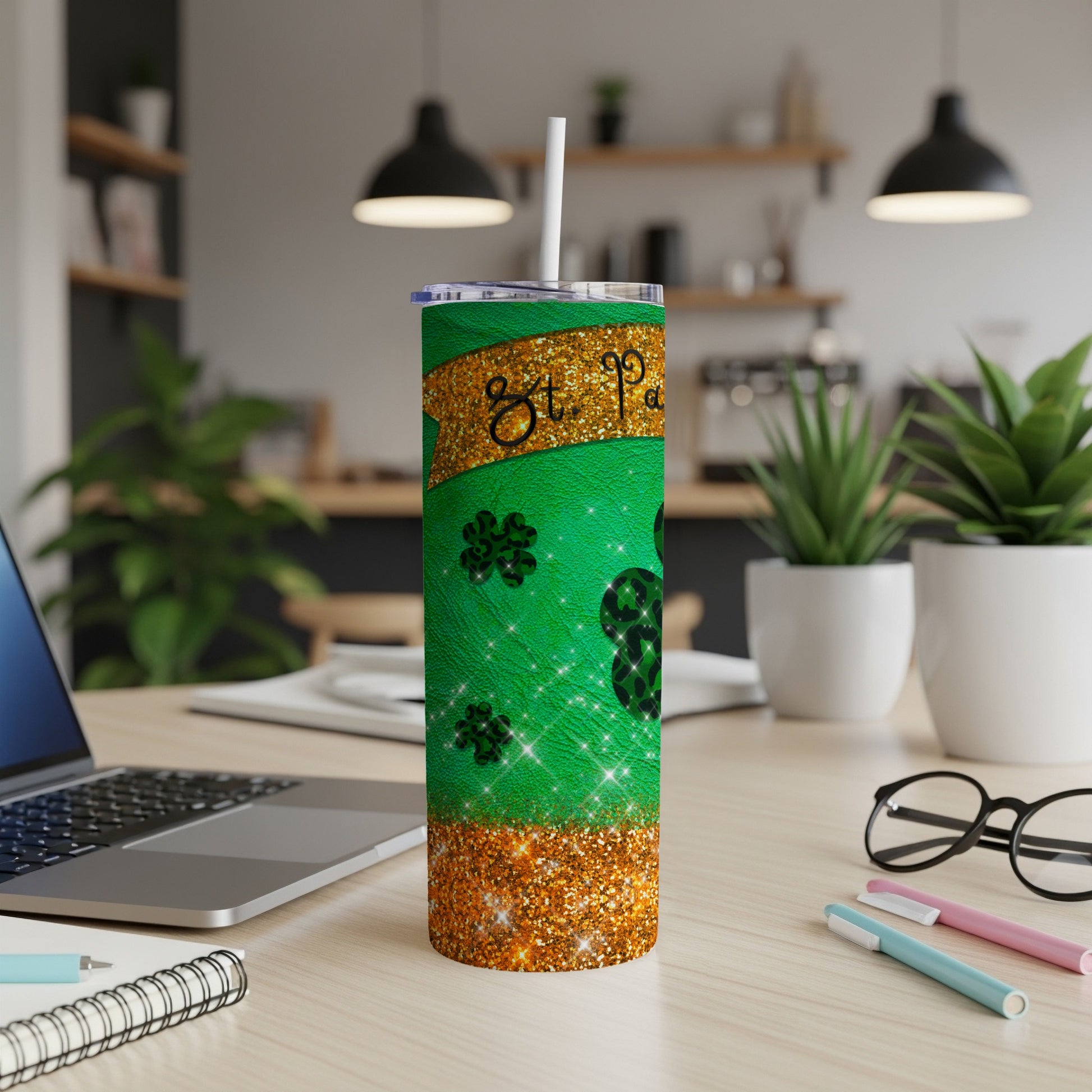 Green St. Patrick's Day tumbler with glitter and shamrocks.