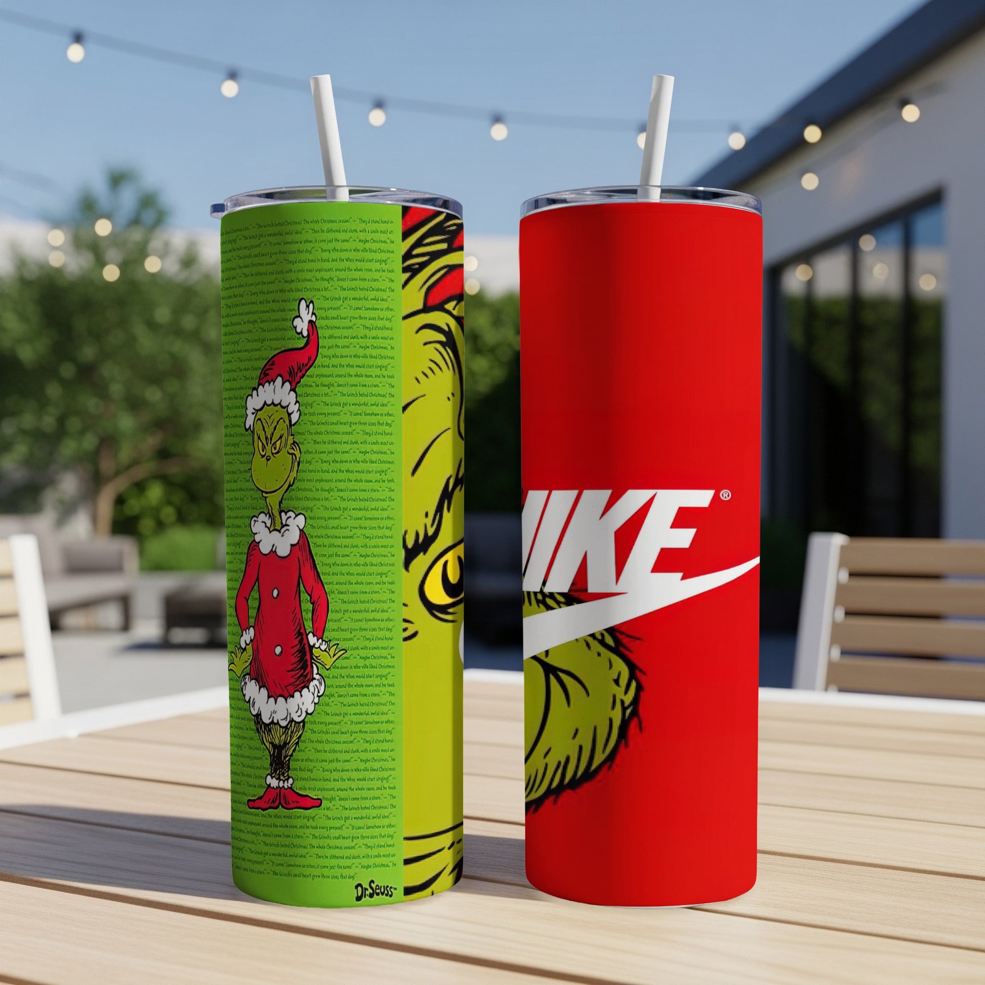 Green tumbler with Grinch text, red tumbler with Nike logo.