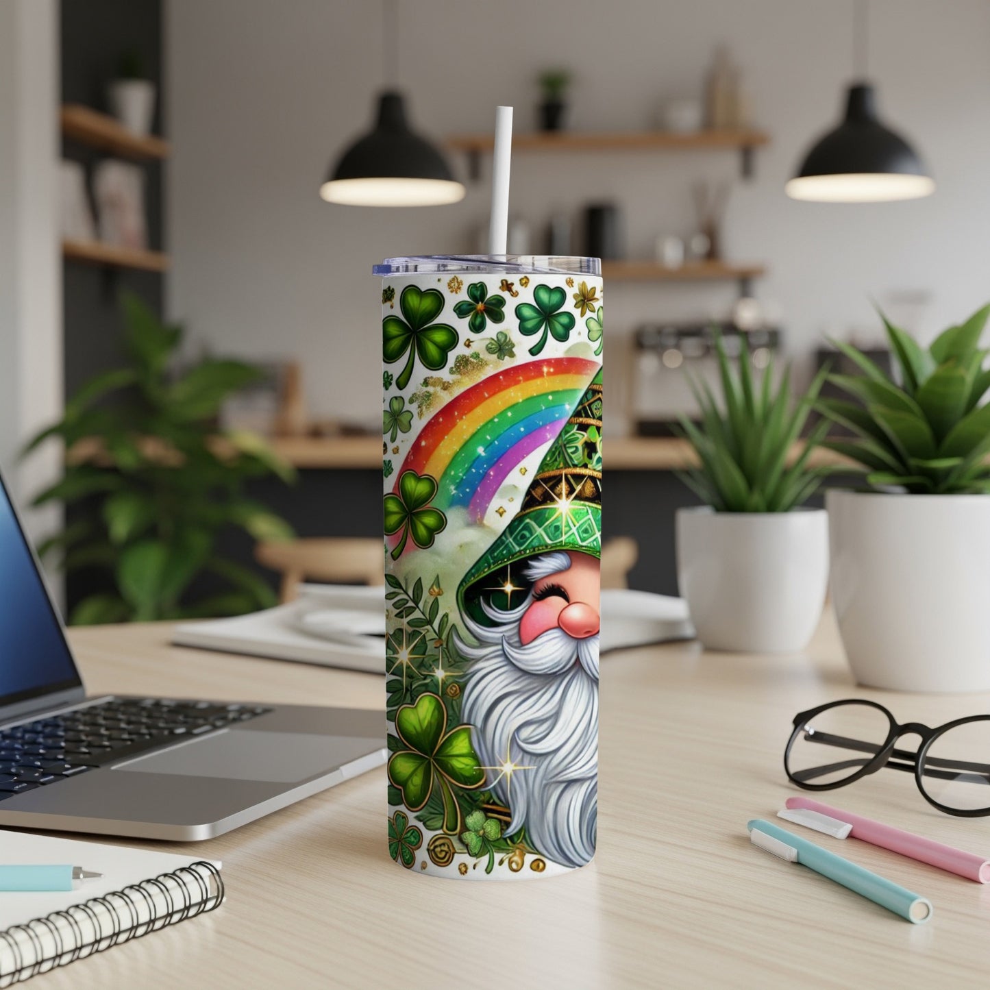 Green gnome with rainbow and shamrocks on a tumbler.