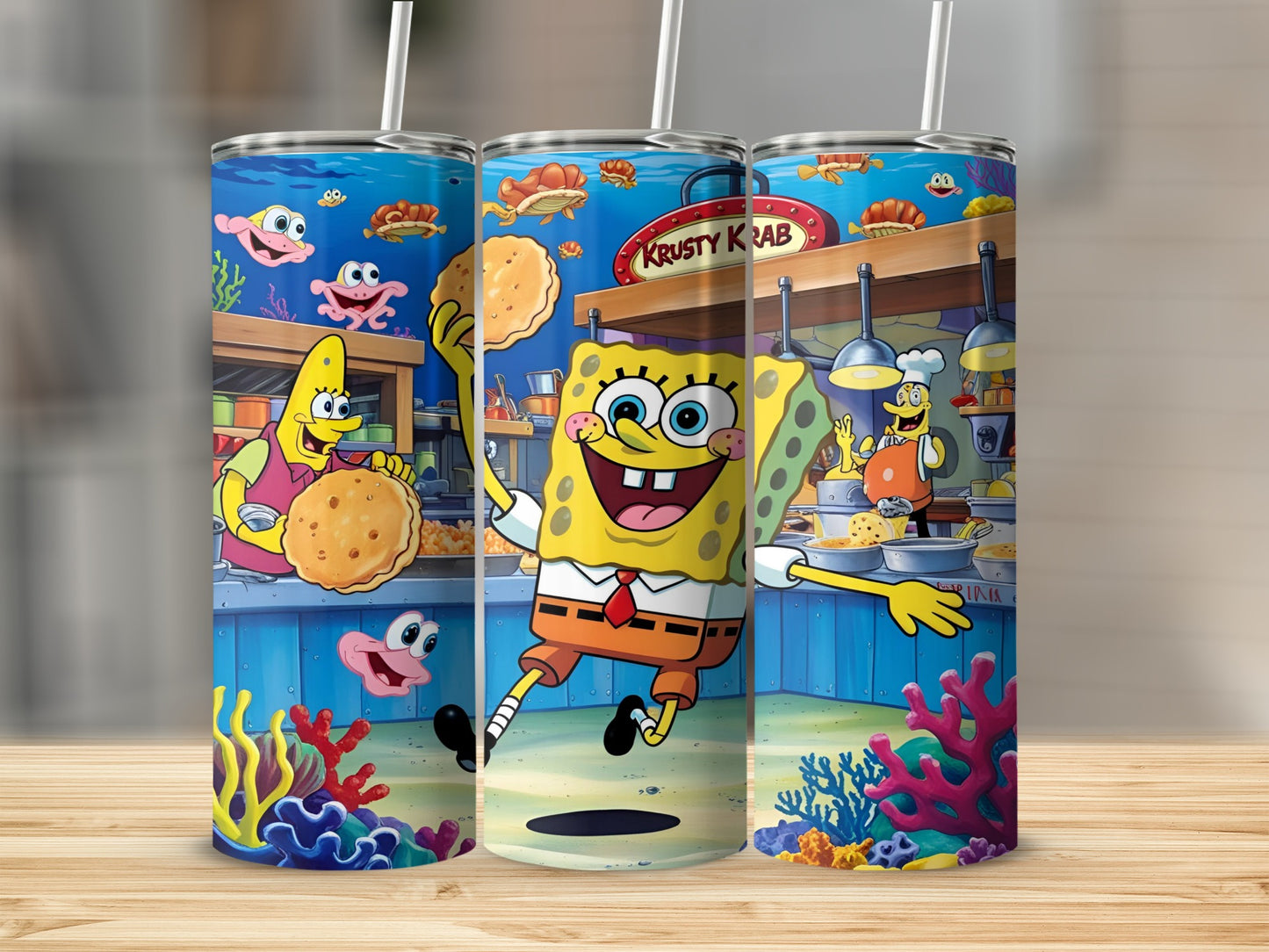 SpongeBob SquarePants at the Krusty Krab with Patrick and Plankton.