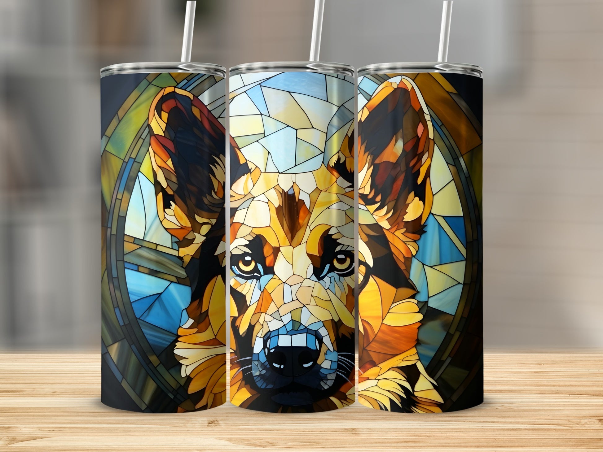 German Shepherd stained glass design on three tumblers.