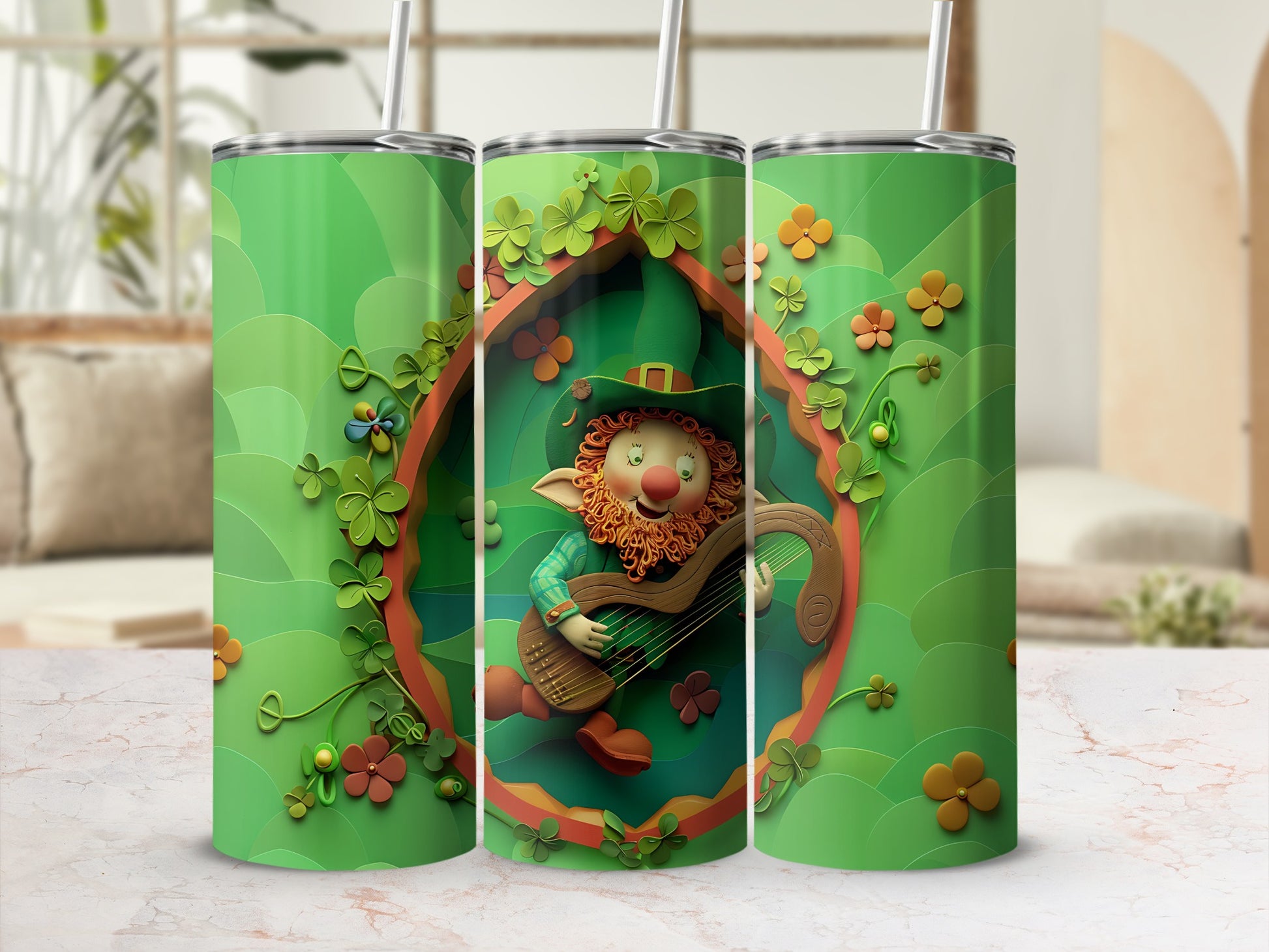 Leprechaun playing a harp surrounded by shamrocks and clover on a green tumbler.