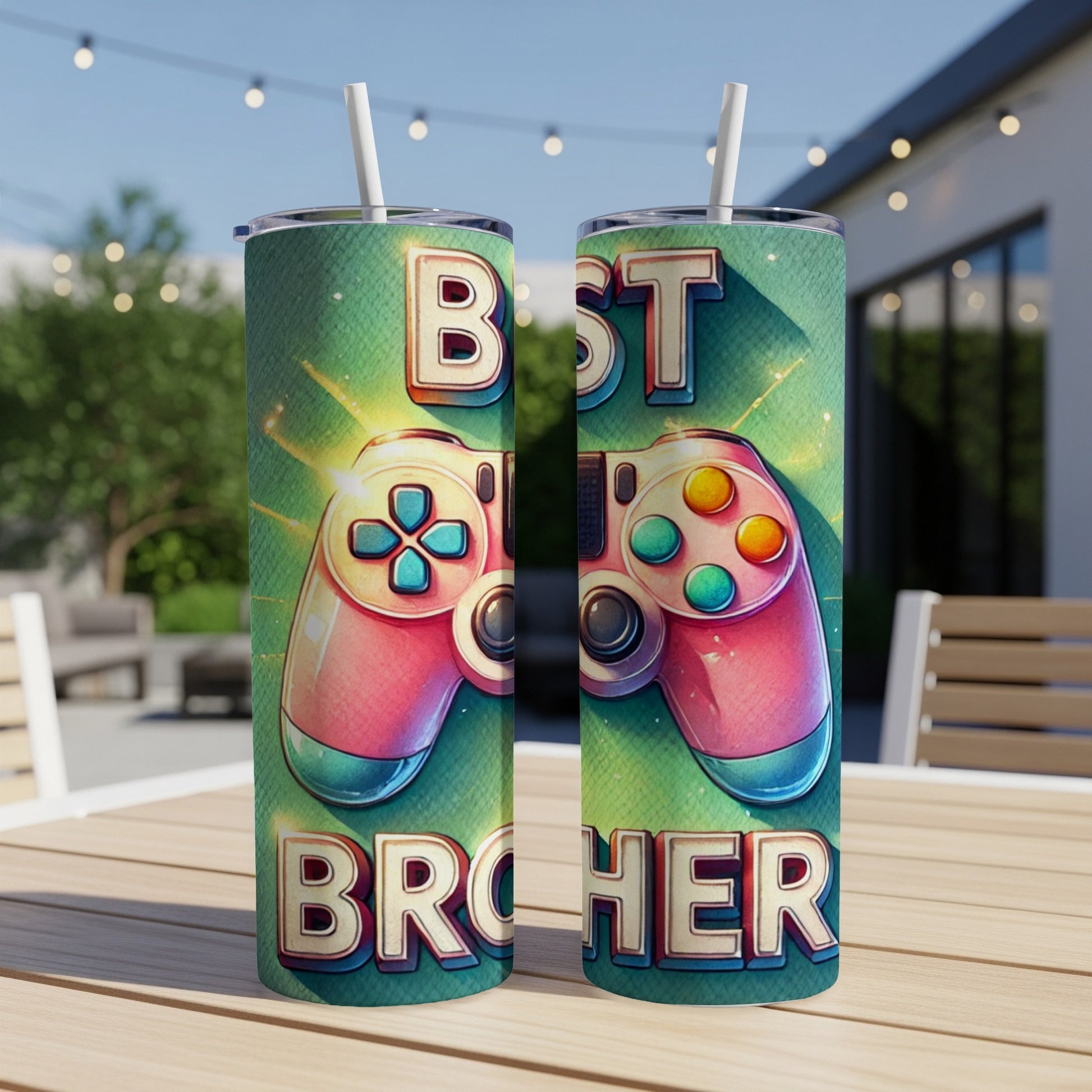 Two tumblers with "BEST BROTHER" and a vintage video game controller design.