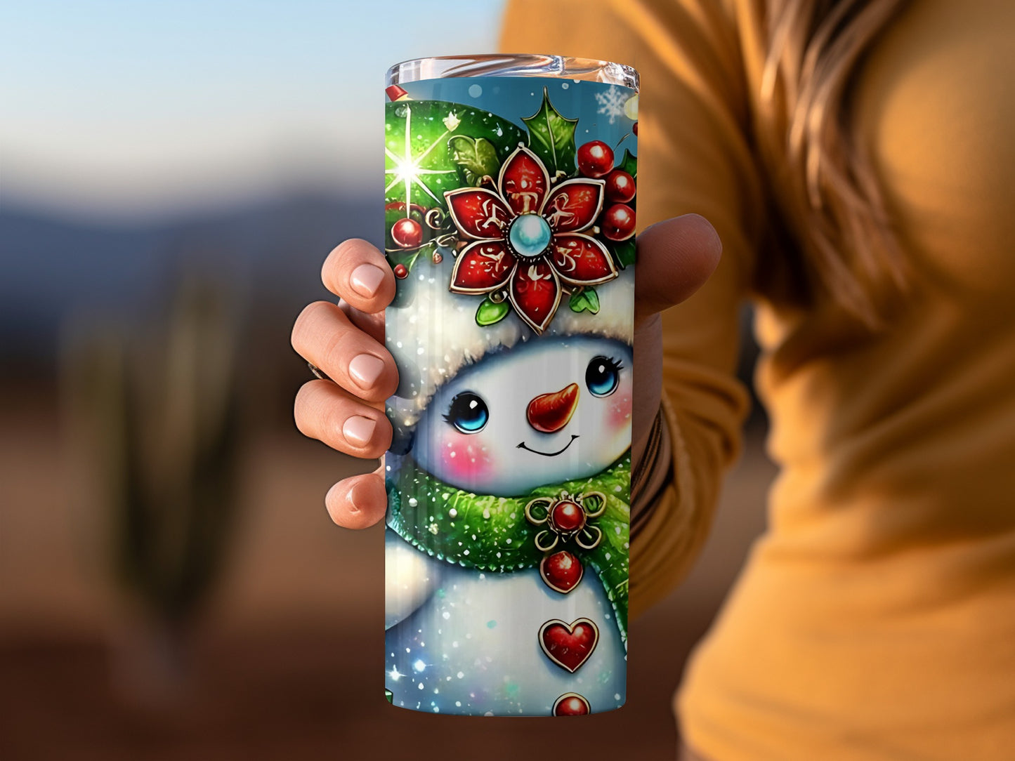 Festive Snowman Tumbler with Christmas Decorations