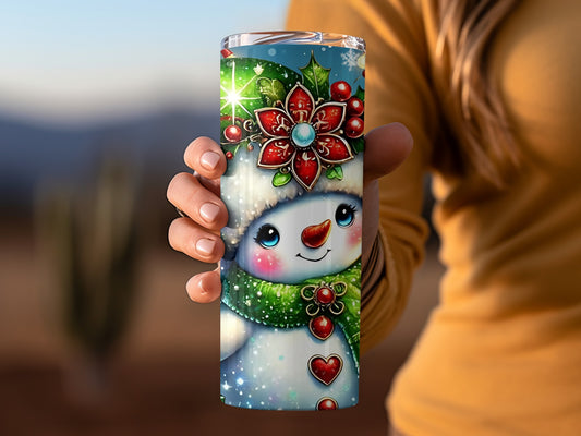 Festive Snowman Tumbler with Christmas Decorations