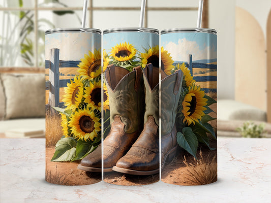 Cowboy boots in front of sunflowers and a wooden fence.