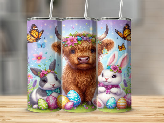 Highland cow and bunnies with Easter eggs and butterflies.