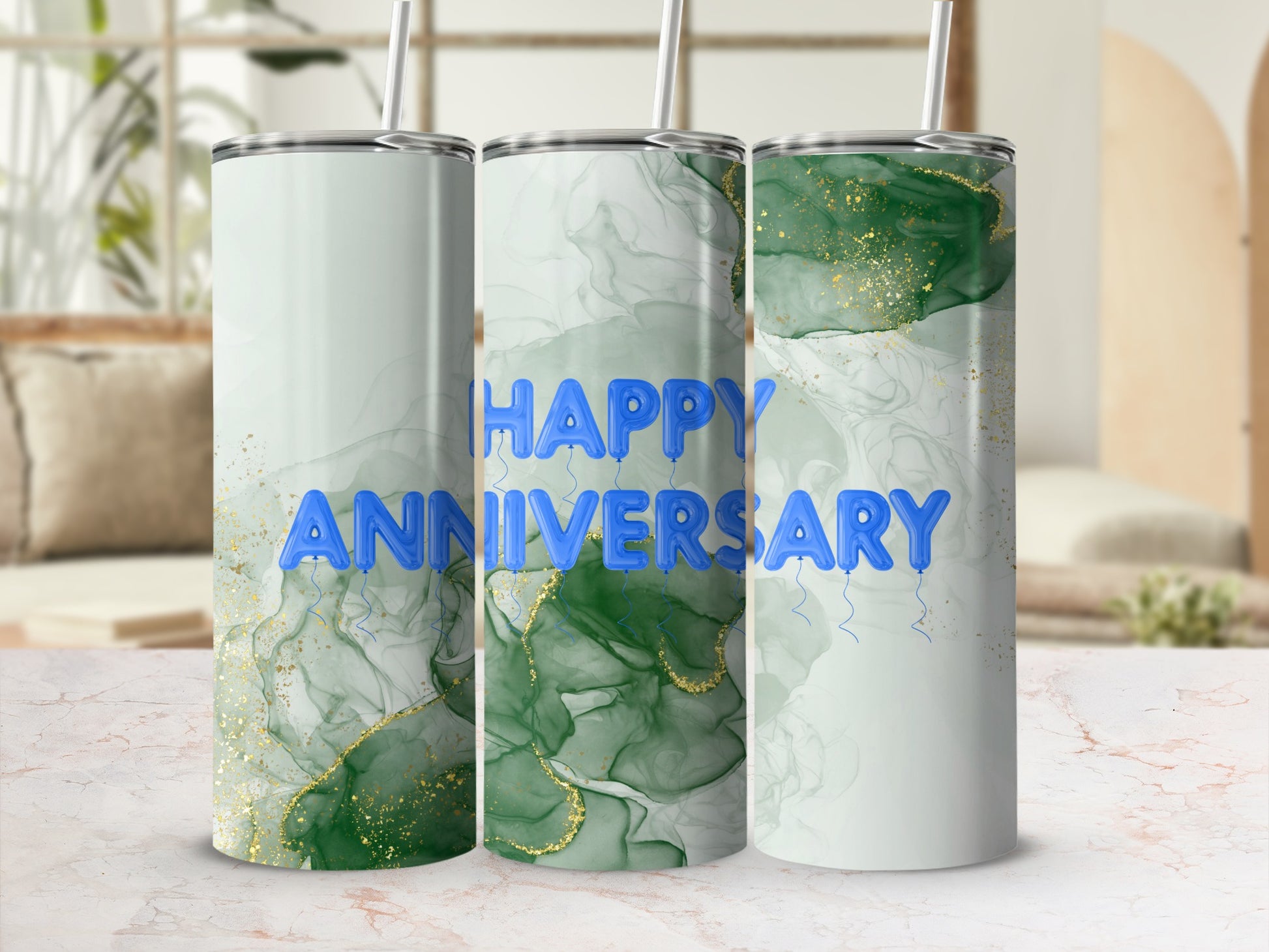 Three tumblers with "Happy Anniversary" text and green marble design.