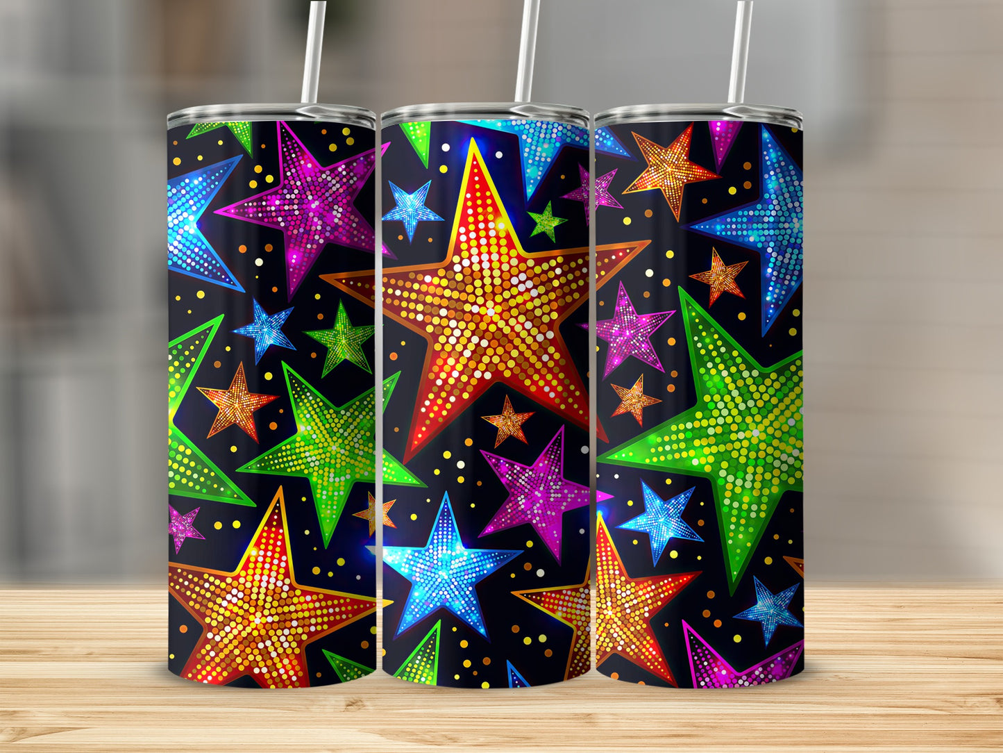 Dotted Stars Pattern Neon Glow Colors On Dark Background Tumblers