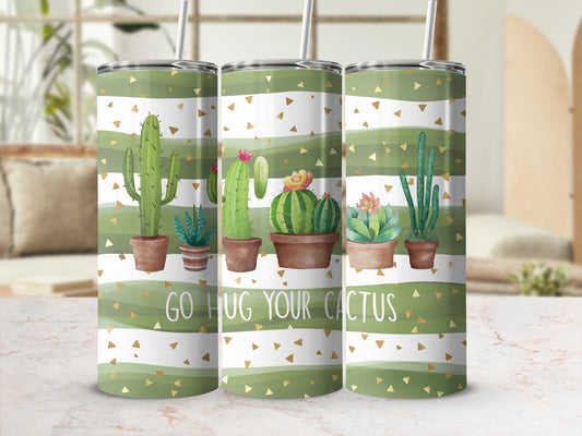 Green striped tumbler with cacti and "Go Hug Your Cactus" text.