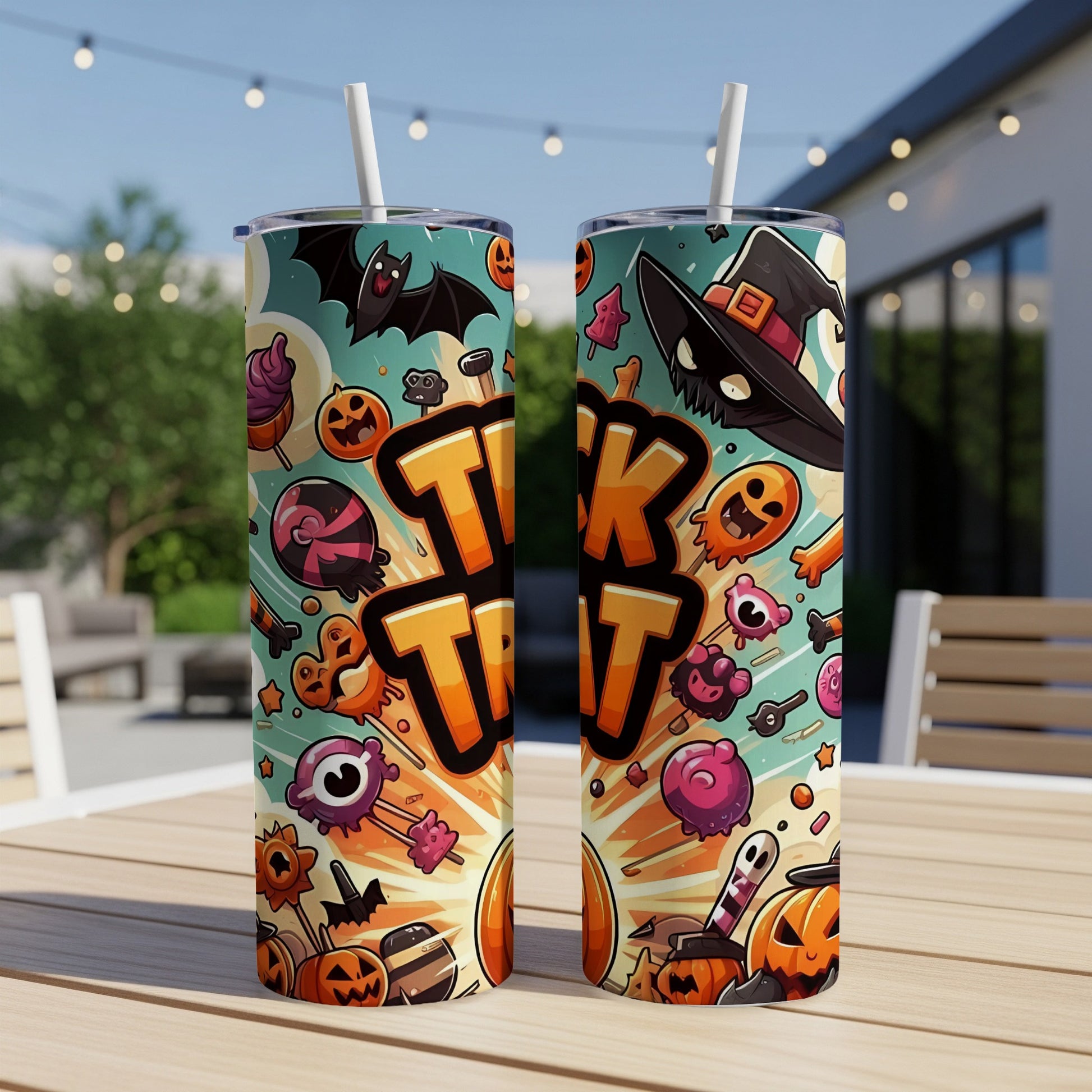 Two Halloween-themed tumblers with "Trick or Treat" text and cartoon characters.