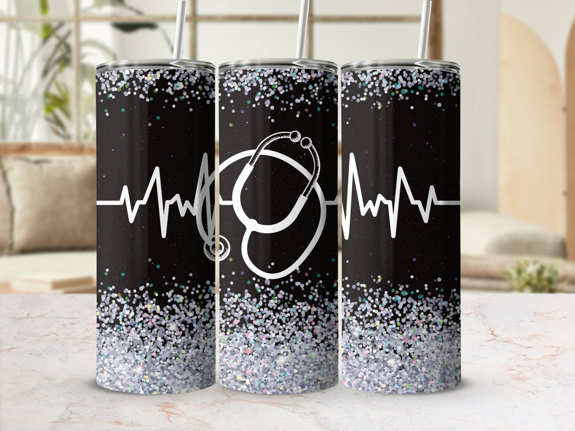 Black glitter tumbler with stethoscope and heartbeat line design.