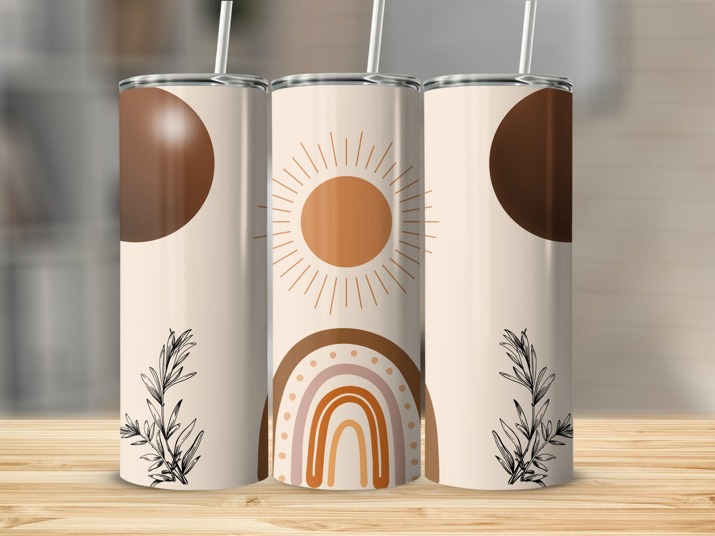 Boho Sun Moon Rainbow Design Insulated Tumbler Cup