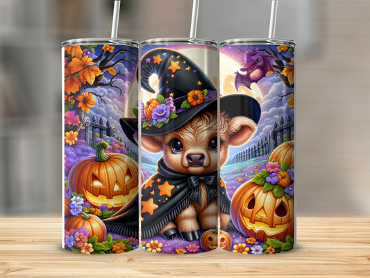 Cute cow in witch hat with pumpkins, bats, and Halloween floral accents.
