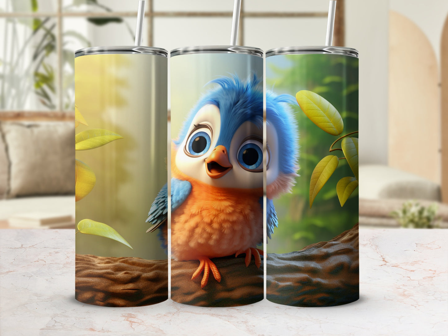 Cute Blue and Orange Bird with Leaf Design Tumbler