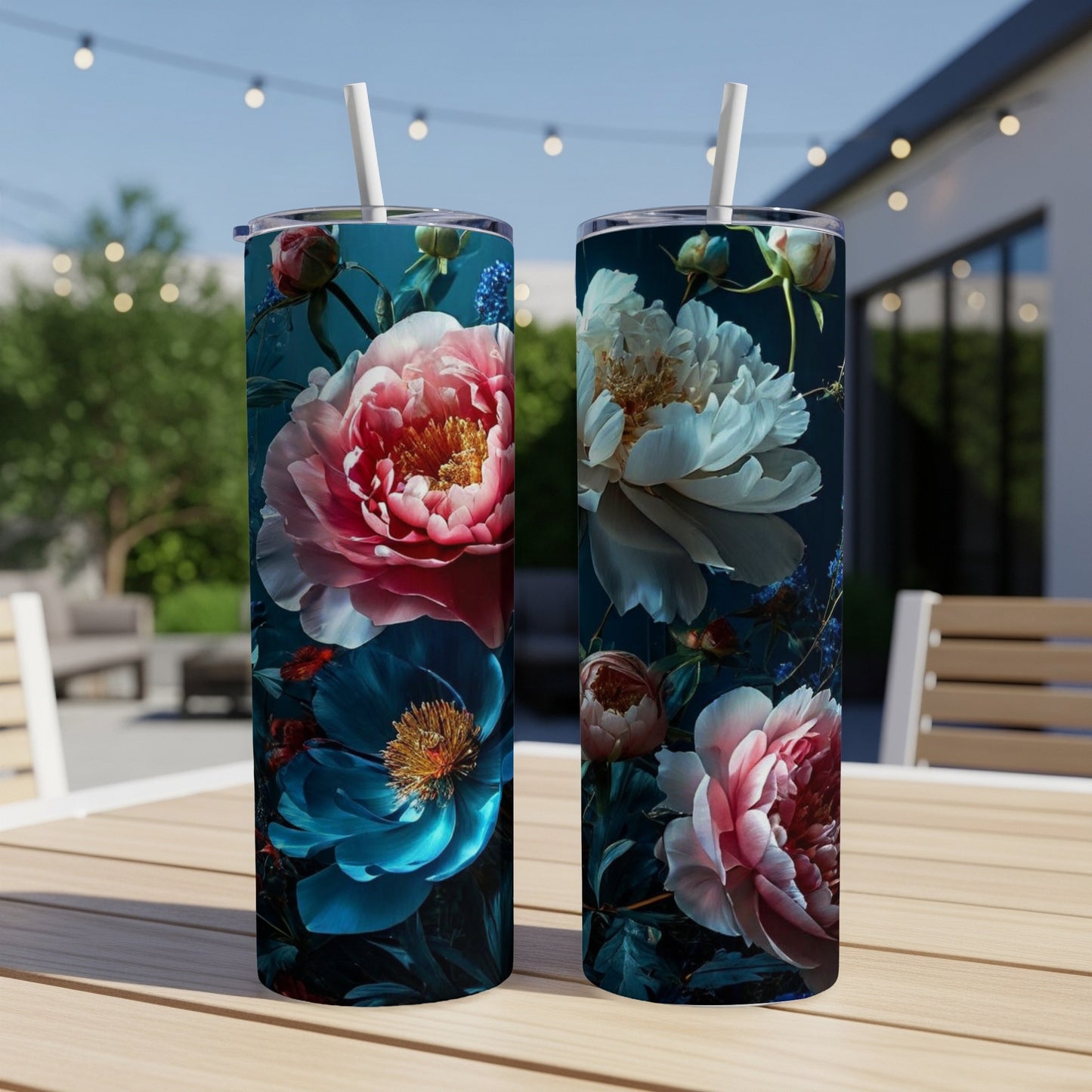 Two tumblers with vibrant floral designs featuring peonies and roses.