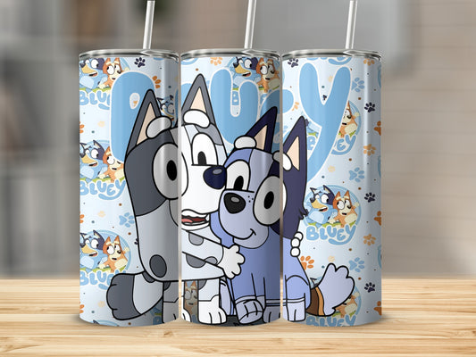 Bluey and Bingo characters on a blue patterned tumbler with straws.