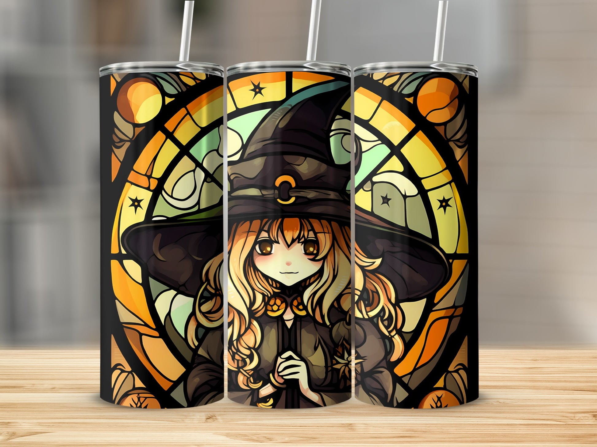 Anime witch with stained glass halo on three tumblers.