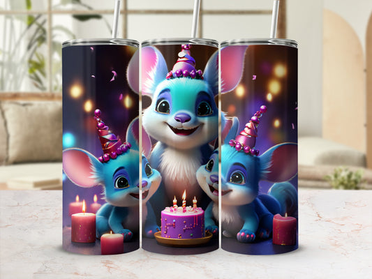 Triptych of blue cartoon monsters wearing party hats with a cake and candles.