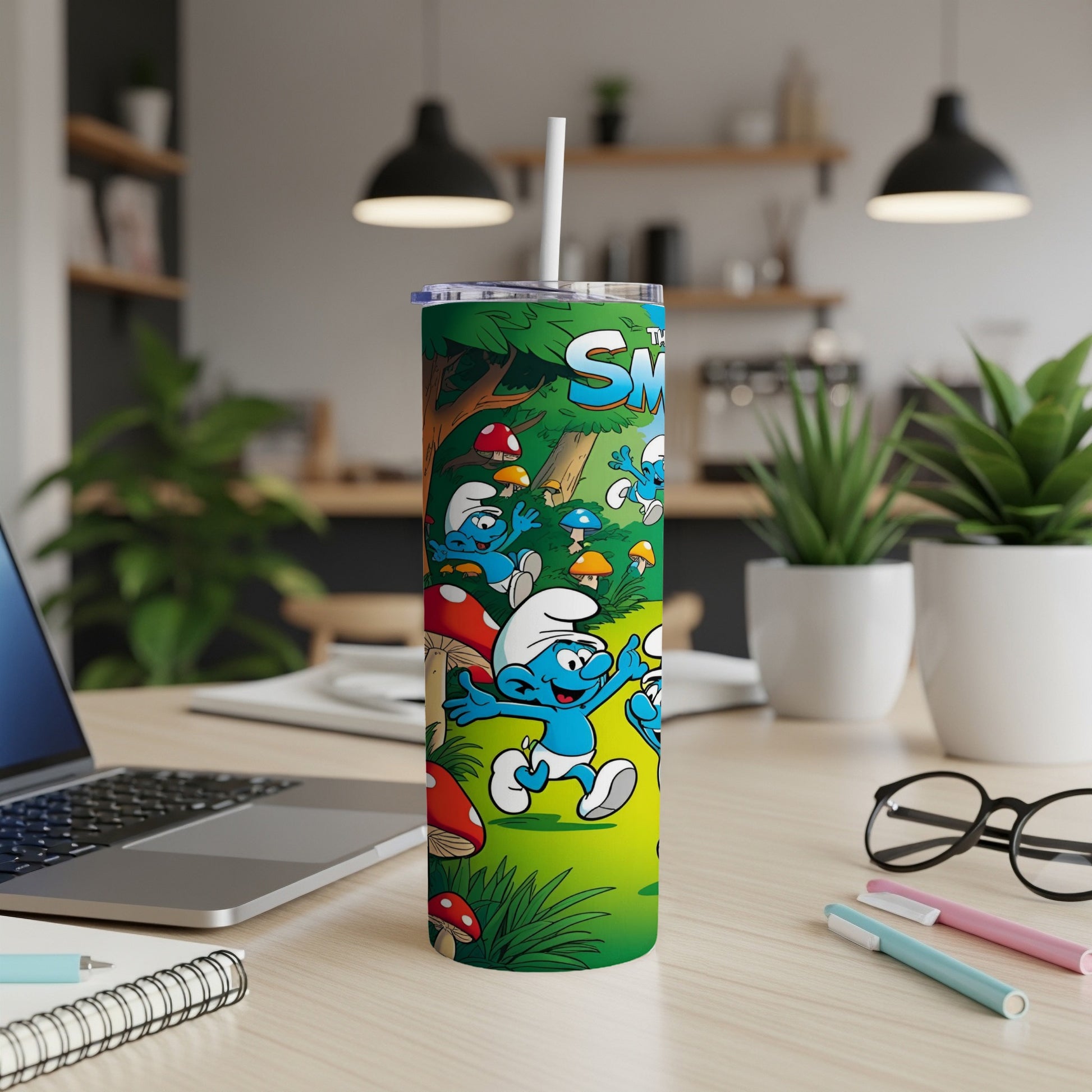 Smurfs running through a mushroom forest on a green tumbler.