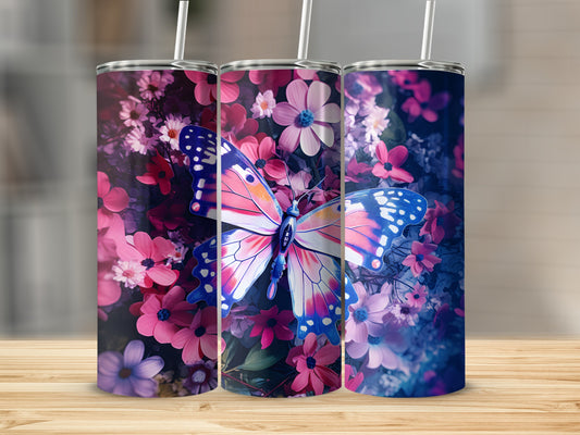 Pink and blue butterfly on a floral pattern tumbler, shown in a row of three.