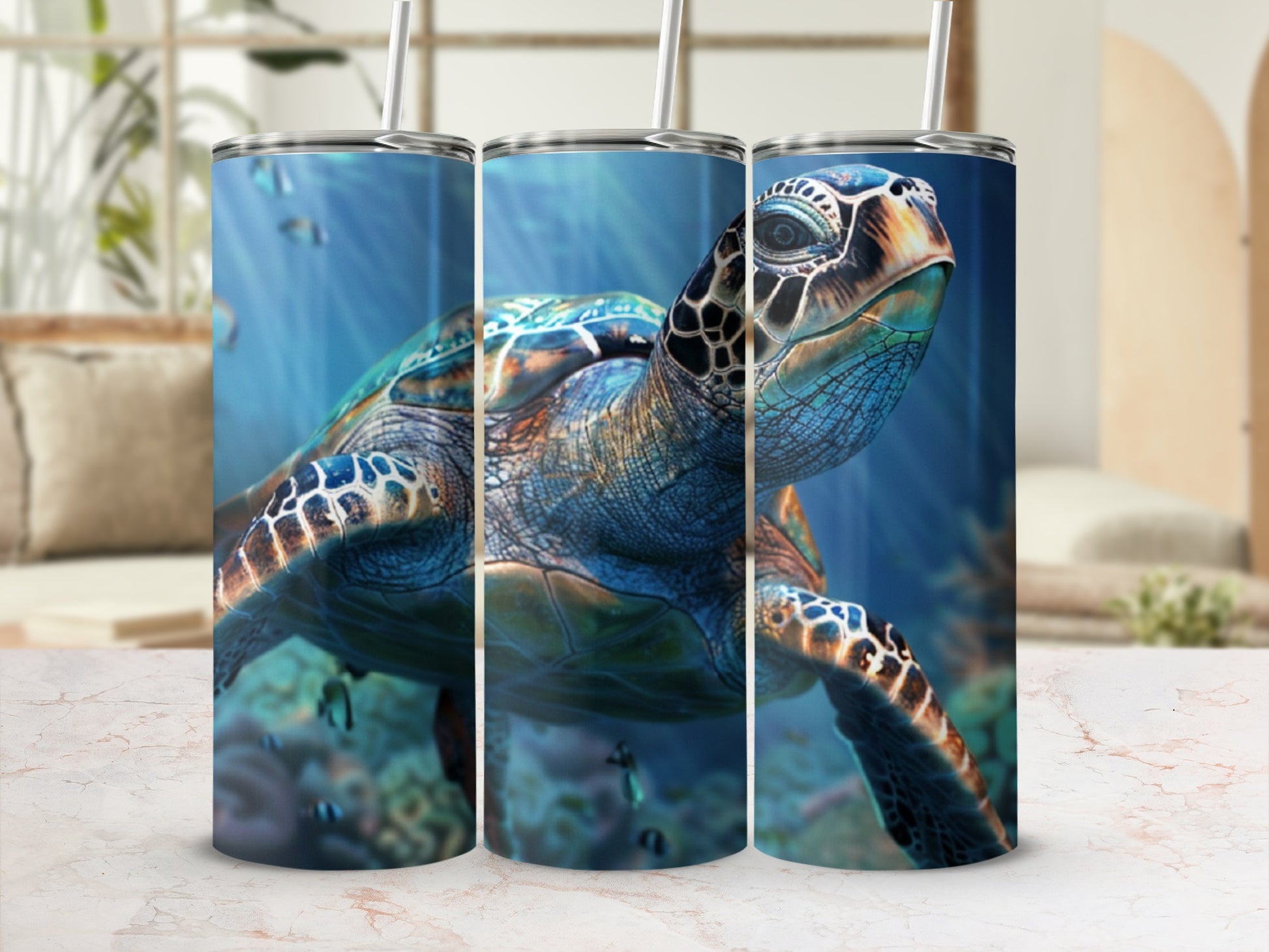 Sea turtle swimming underwater, with sunlight filtering through the water.