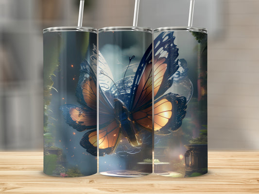 3D render of a butterfly with orange and black wings in a mystical forest setting.