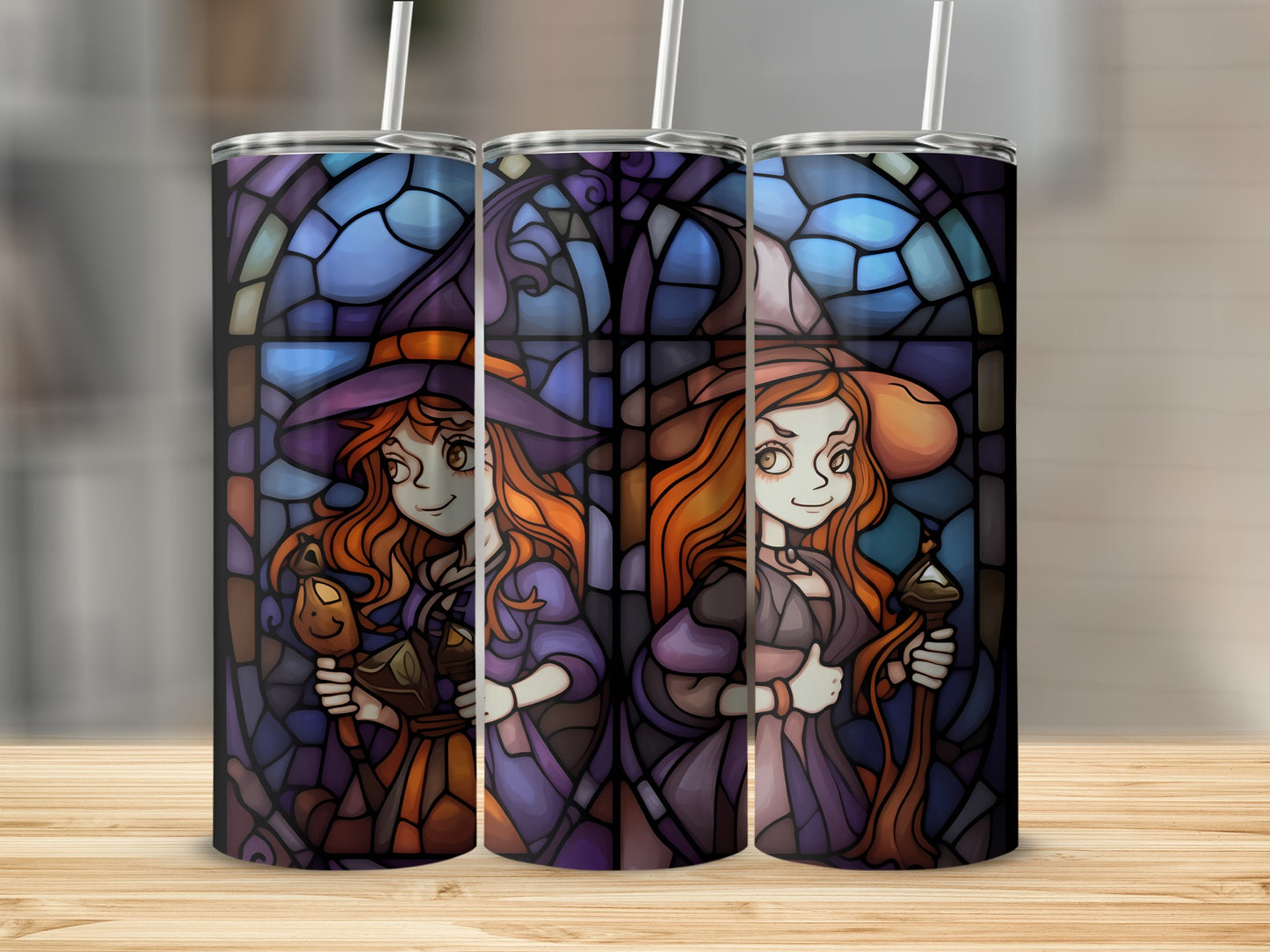 Three stained-glass style tumblers featuring witches in purple and orange.