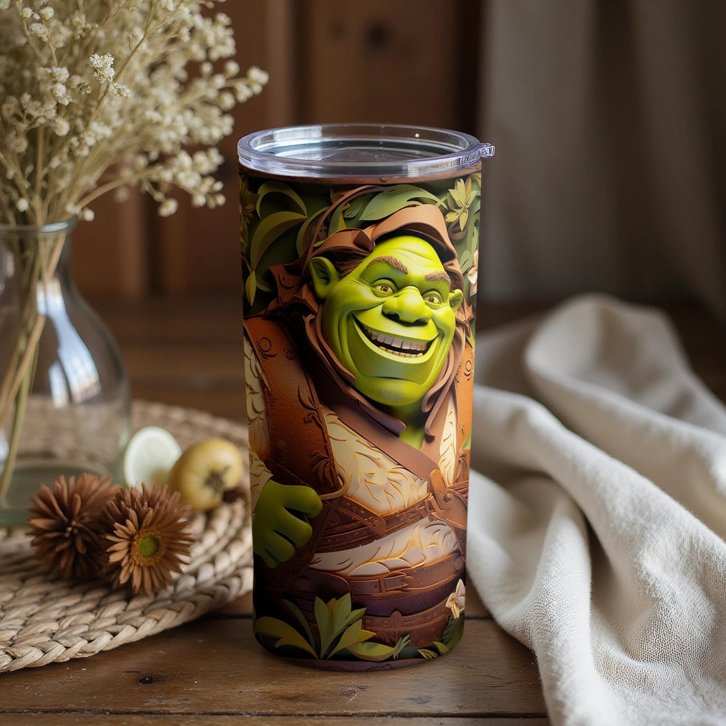 Shrek Themed Travel Tumbler with Green Ogre Design