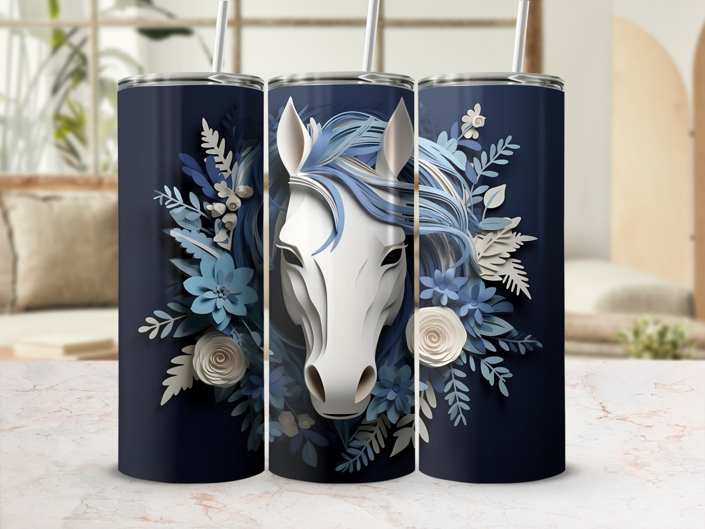 Blue and White Artistic Horse Design Tumbler