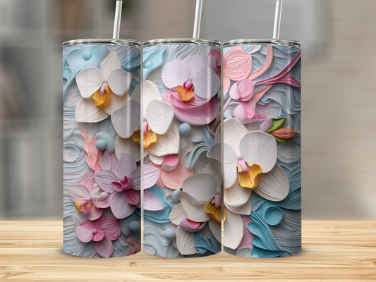 Three tumblers with embossed pastel floral designs and straws.