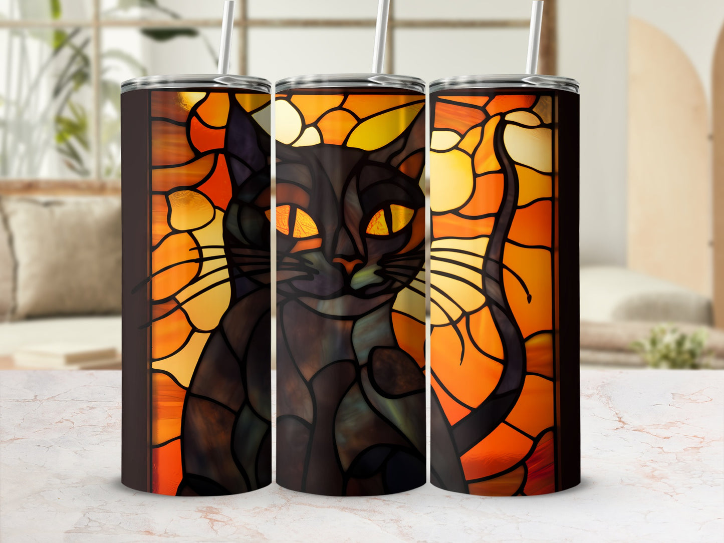 Black cat with stained glass pattern on a tumbler.