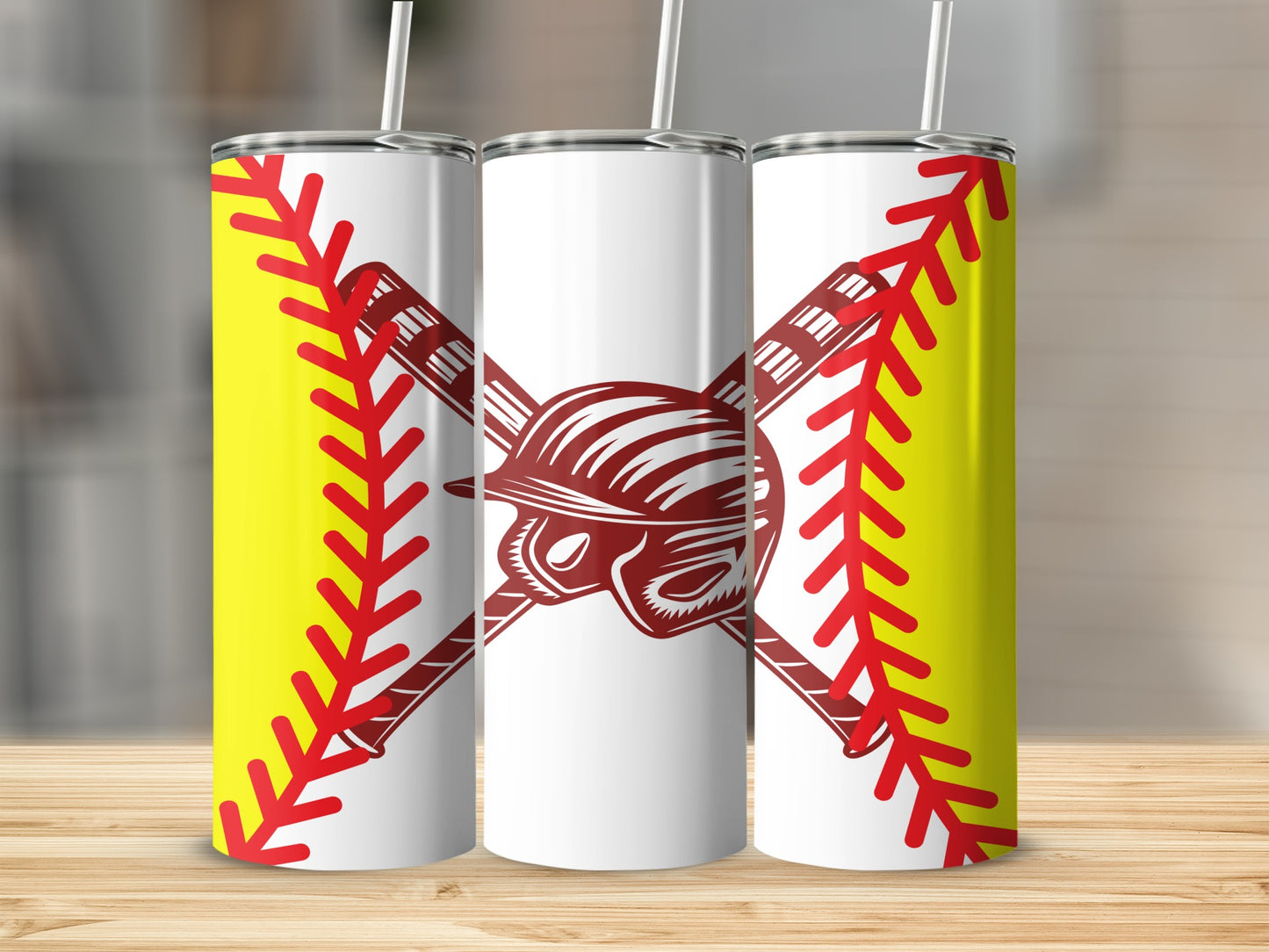 Three white tumblers with crossed baseball bats and helmet graphic on wooden surface.