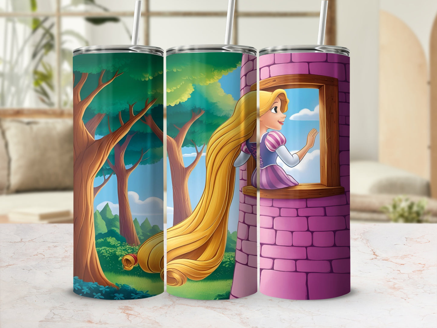 Rapunzel in tower window with long blonde hair and enchanted forest scene.