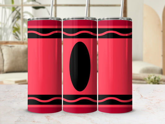 Red crayon tumbler with black oval and striped design.