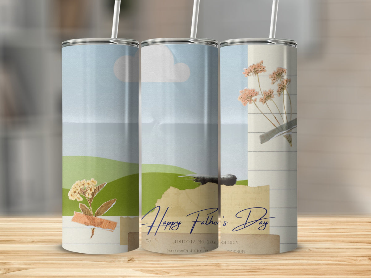 Tumbler with landscape and floral collage art, reads "Happy Father's Day".