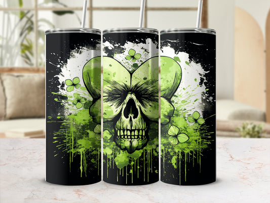 Three tumblers featuring a green skull and shamrocks on a black background.